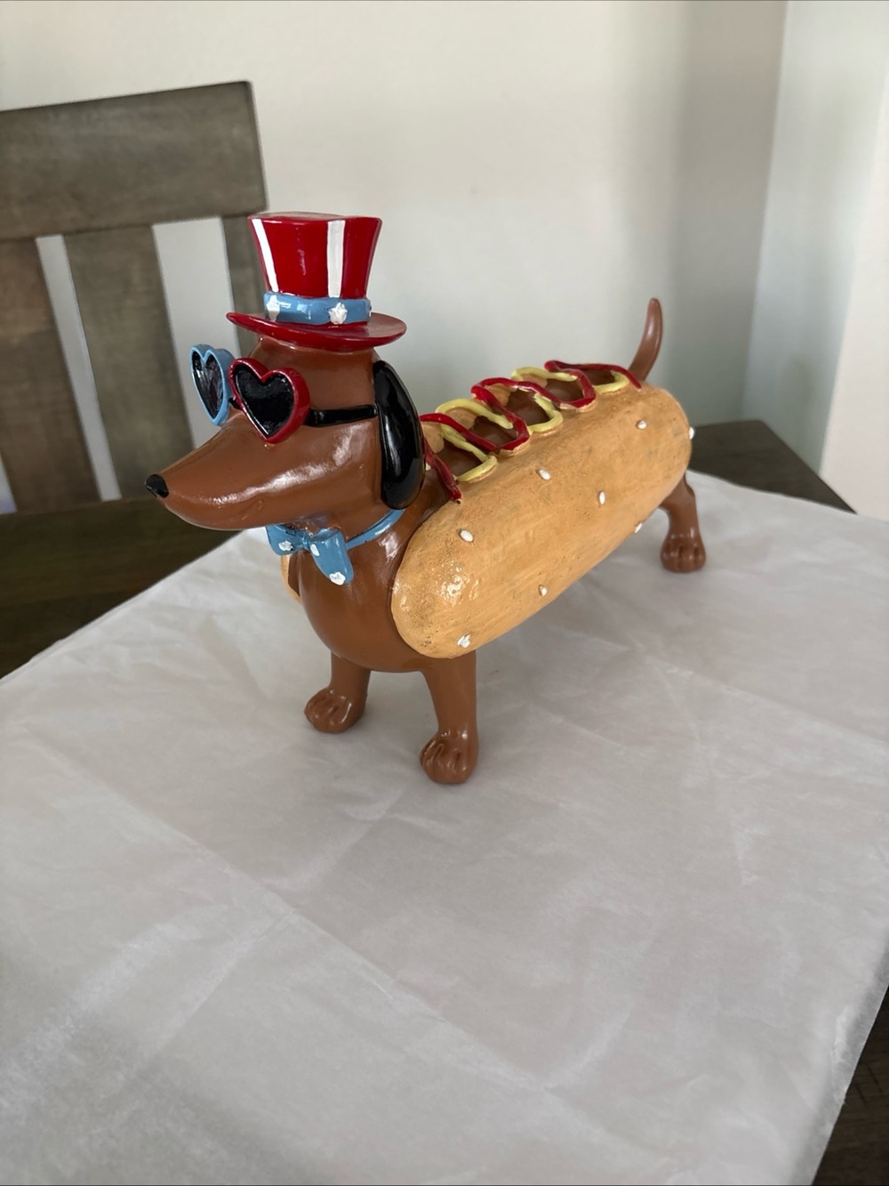 Patriotic Dachshund In Hotdog Costume Sunglasses Bow Tie Heart Glasses Figurine
